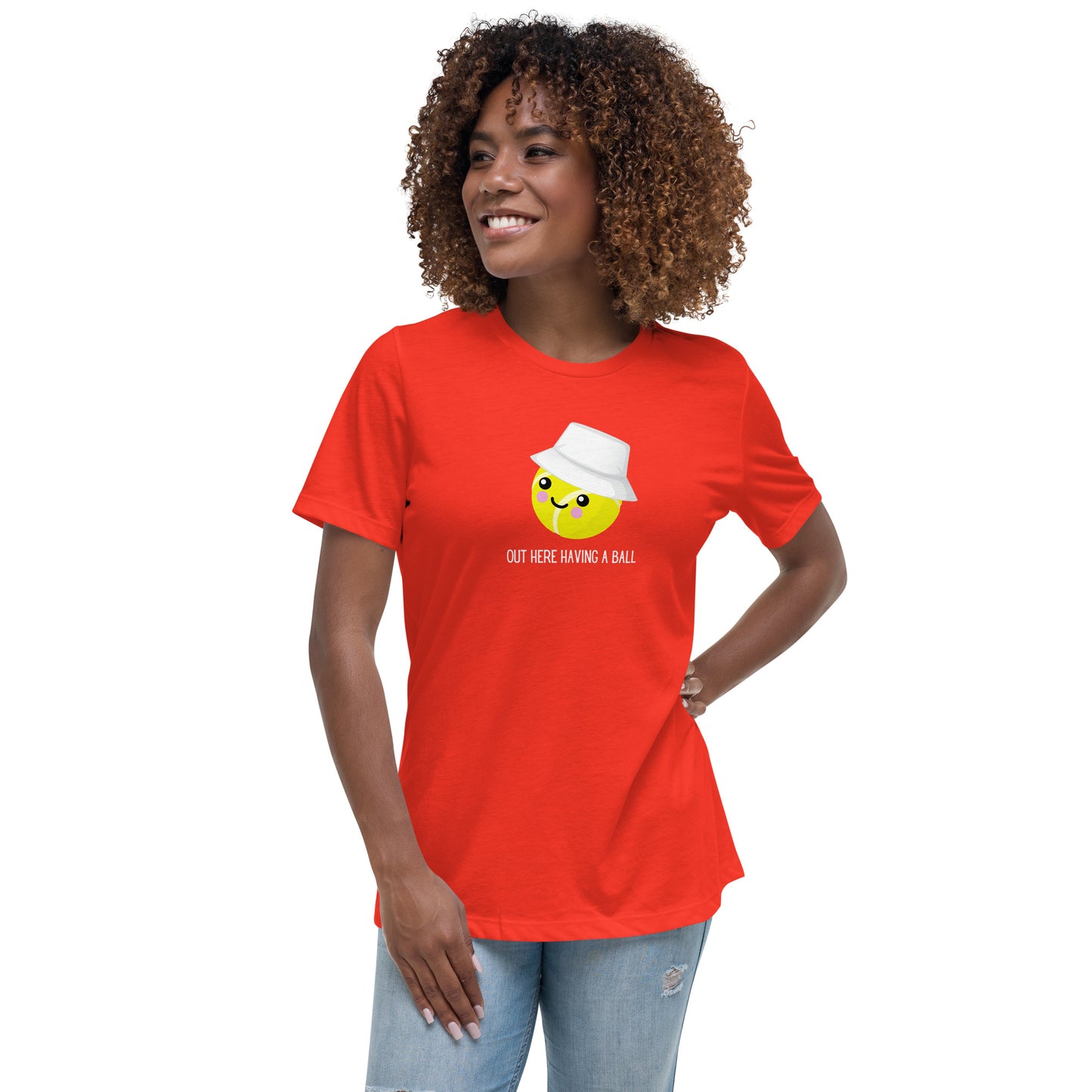 Camiseta de mujer Courtney "Aquí teniendo una pelota"